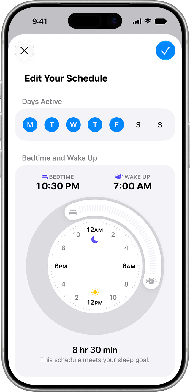 Edit Your Schedule screen in the Health app with days active and a curved bedtime slider