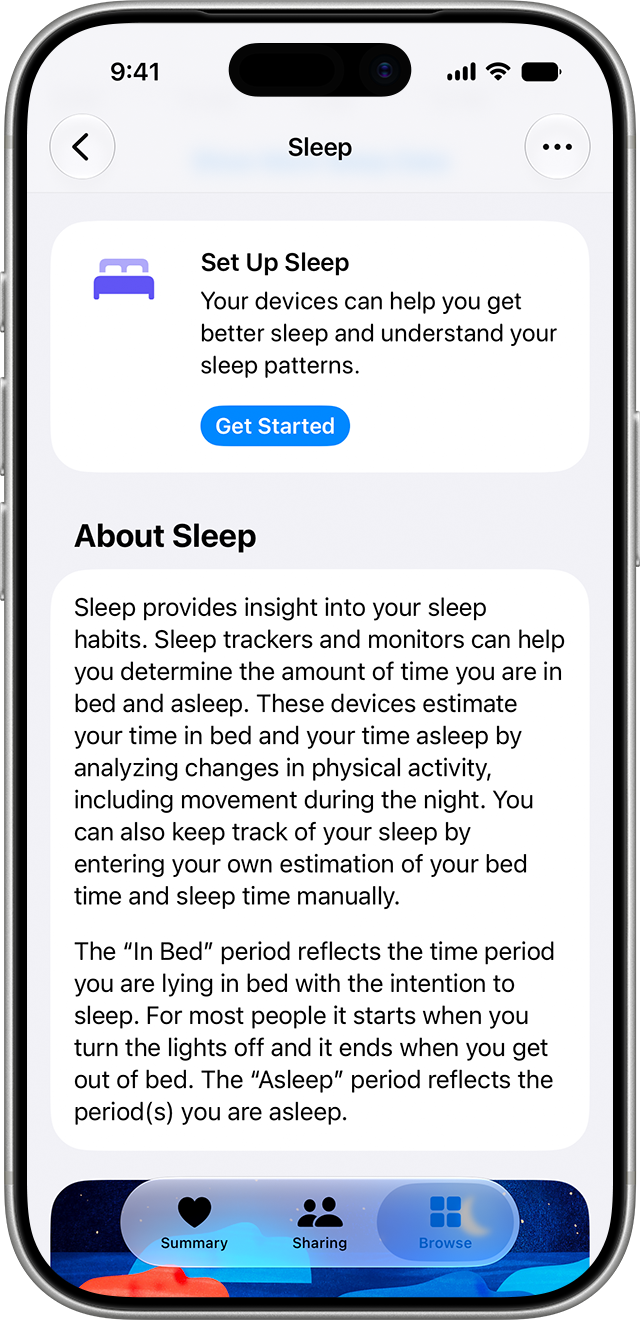 Set Up Sleep card in the Health app on iPhone with a Get Started button