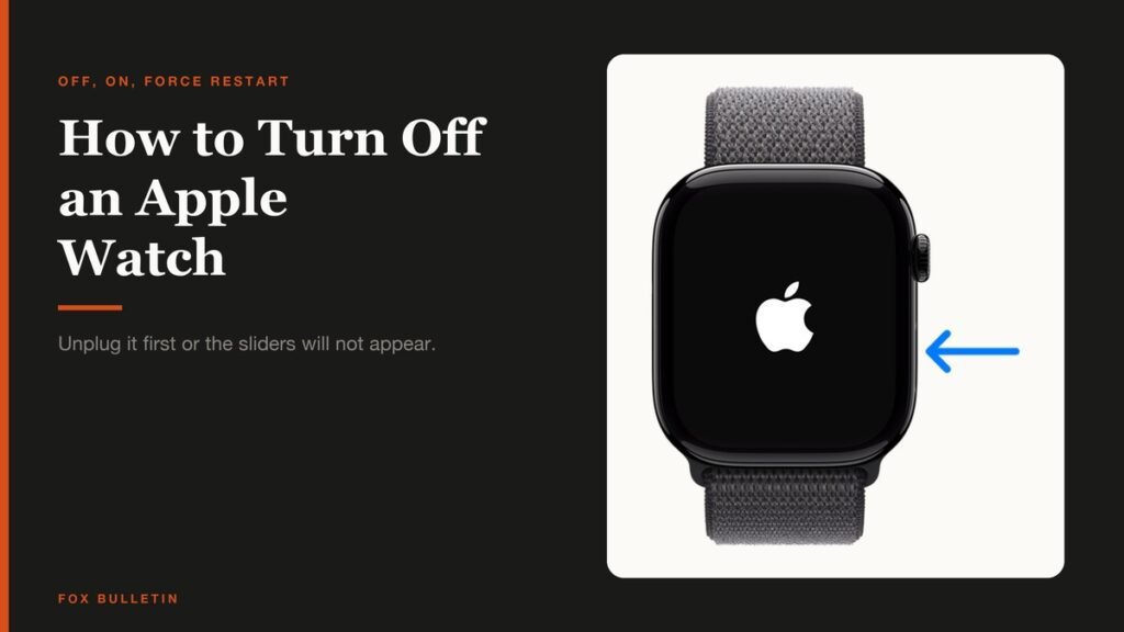 How to turn off an Apple Watch, shown with the Apple logo appearing on the watch