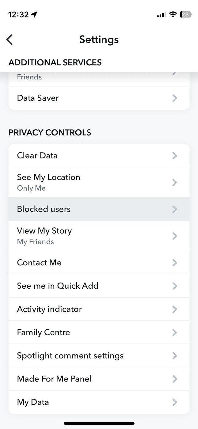 Snapchat settings scrolled to Privacy Controls with the Blocked users row