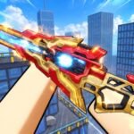 A first person view of a red and gold energy sniper rifle raised above a city skyline in Hypershot