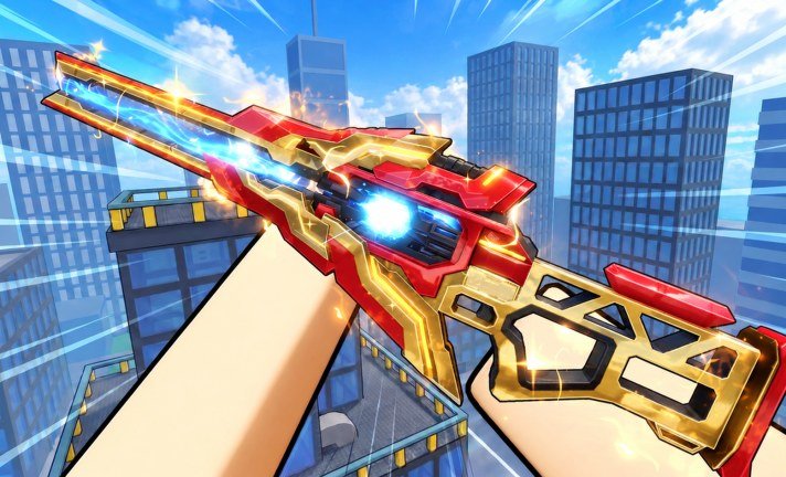 A first person view of a red and gold energy sniper rifle raised above a city skyline in Hypershot