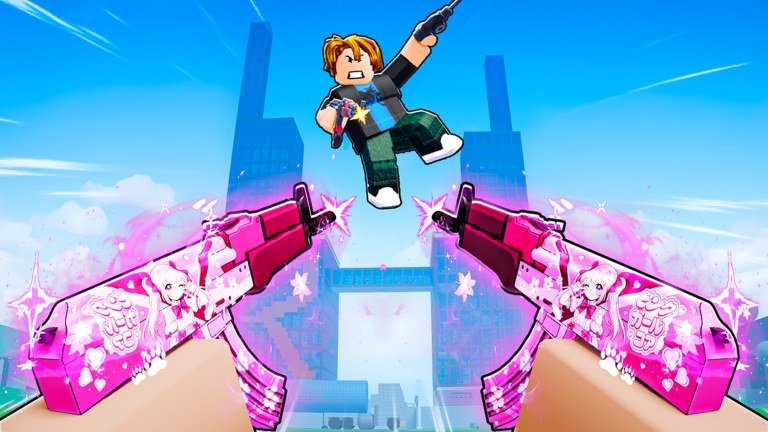 A player leaping between two pink sakura themed pistols on a bright blue map in Hypershot