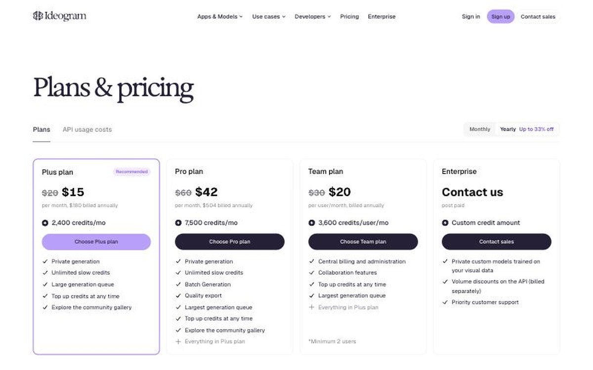 Ideogram plans and pricing page showing the Plus, Pro, Team and Enterprise tiers