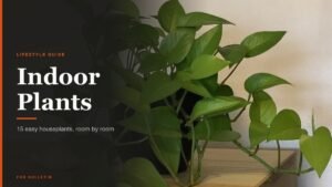Bright neon pothos trailing from a pot on a wooden shelf beside the Indoor Plants headline