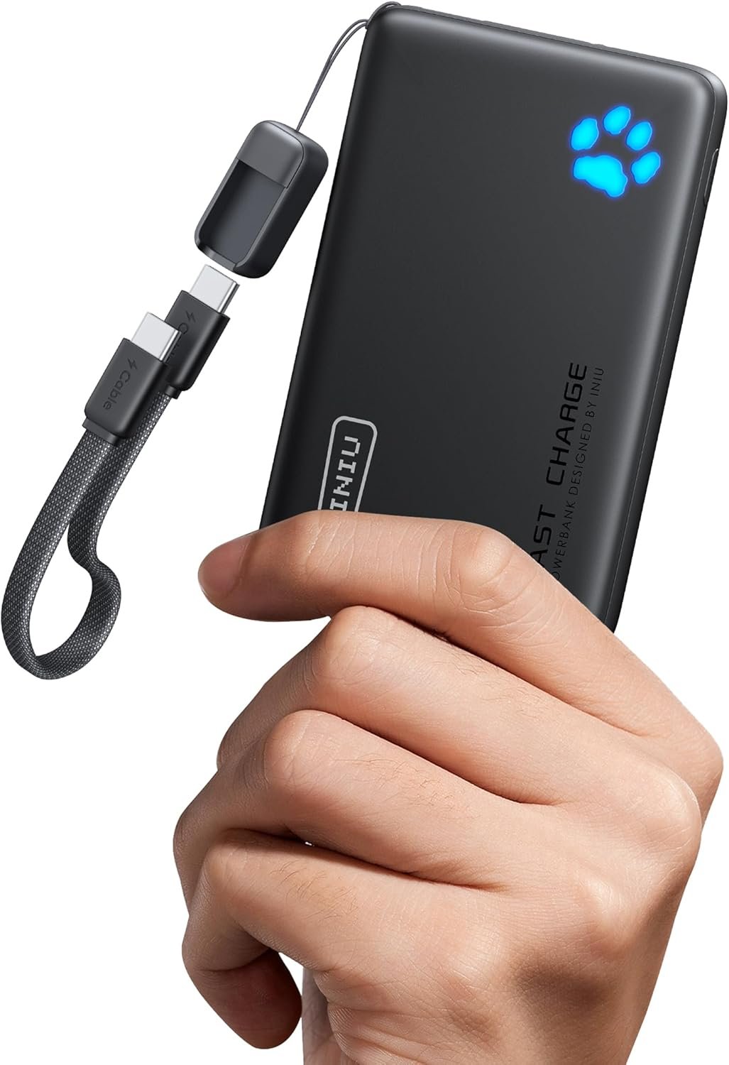 INIU 10,000mAh 45W portable charger held in one hand with its short detachable USB-C cable