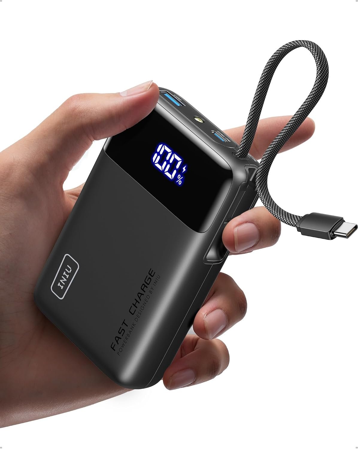 INIU 20,000mAh 45W power bank with a braided built-in USB-C cable