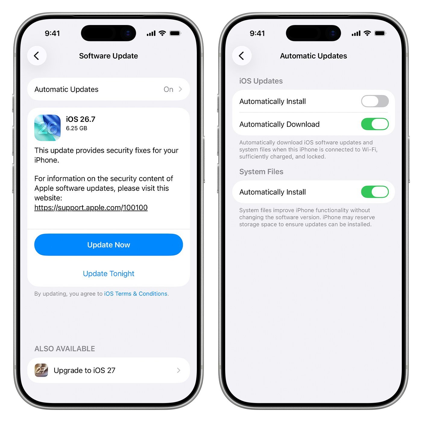 iPhone Software Update screen showing iOS 26.7 with Upgrade to iOS 27 under Also Available, and the Automatic Updates switches