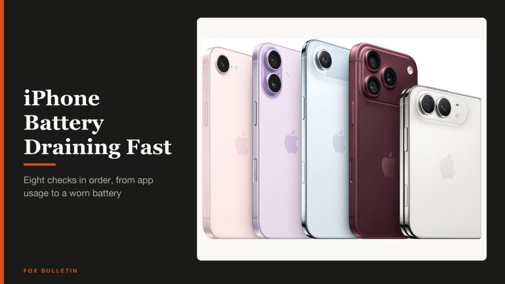 iPhone Battery Draining Fast headline beside an iPhone showing a low battery