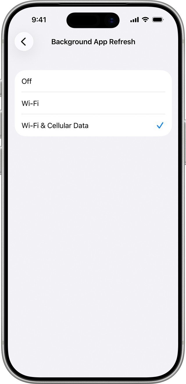 Background App Refresh screen on an iPhone with Off, Wi-Fi and Wi-Fi & Cellular Data options