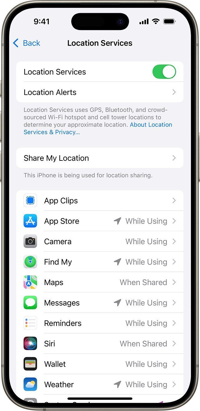 Location Services screen listing apps with While Using and When Shared permissions
