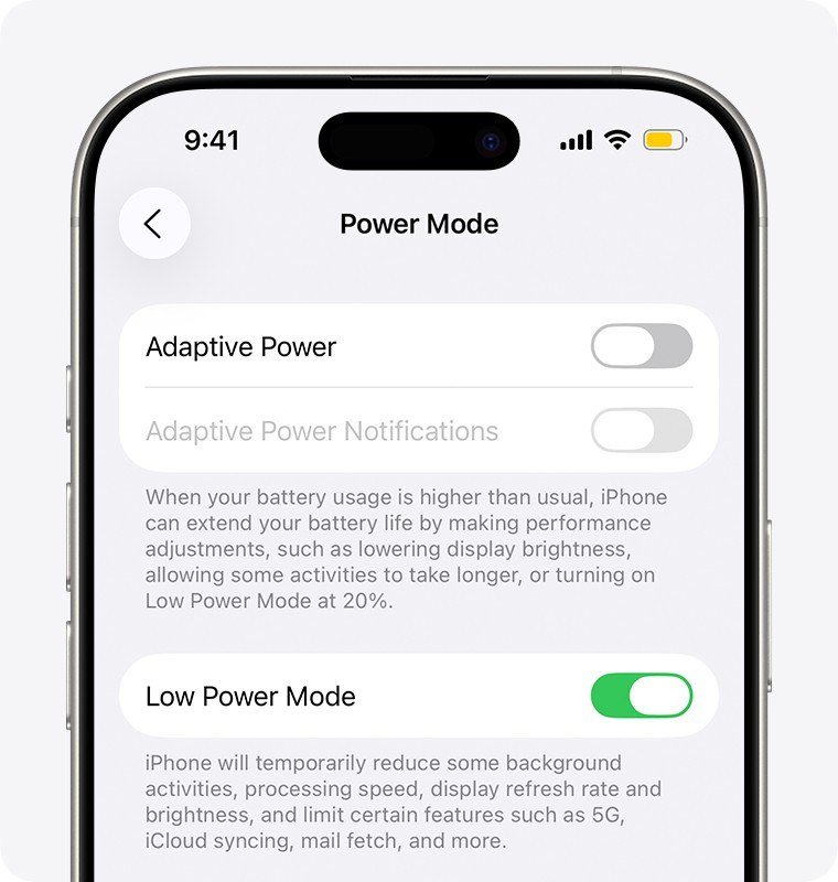 Power Mode screen with Adaptive Power off and Low Power Mode on, with a yellow battery icon