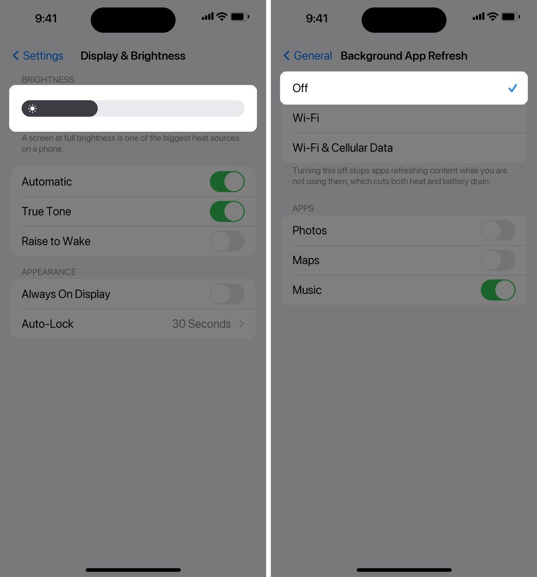 iOS Display and Brightness with the brightness slider lowered beside Background App Refresh set to Off