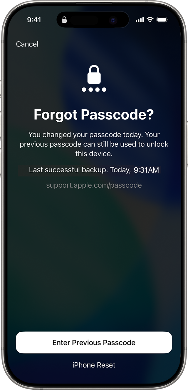 Enter Previous Passcode and iPhone Reset buttons at the foot of the Forgot Passcode screen