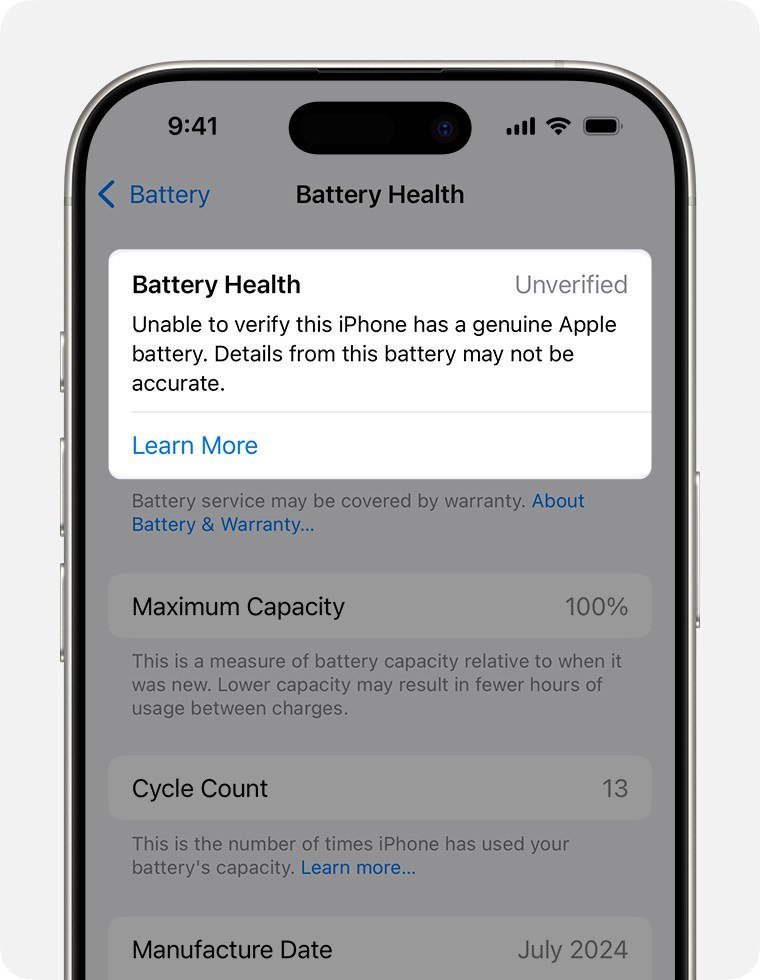 Battery Health screen with an Unverified battery message above Maximum Capacity, Cycle Count and Manufacture Date