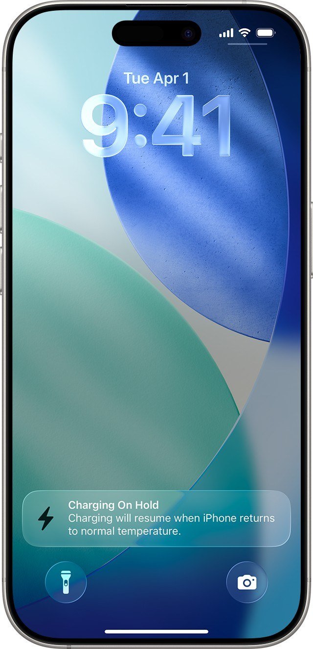iPhone Lock Screen showing Charging On Hold with a note that charging resumes at normal temperature