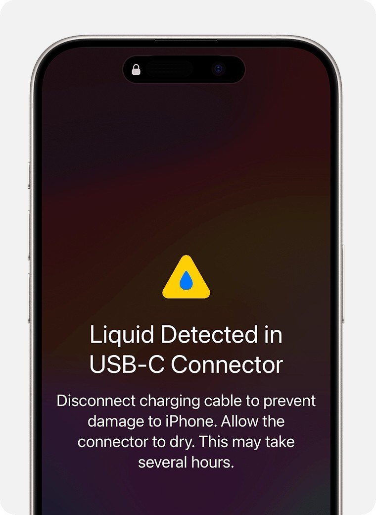 iPhone screen reading Liquid Detected in USB-C Connector with a water-drop warning icon