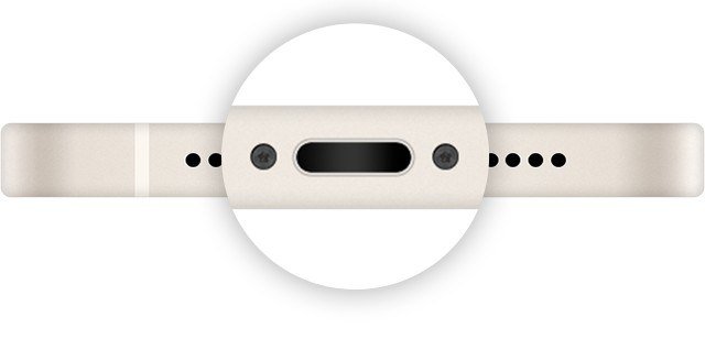 Bottom edge of an iPhone with a magnified circle on the charging port between the speaker holes