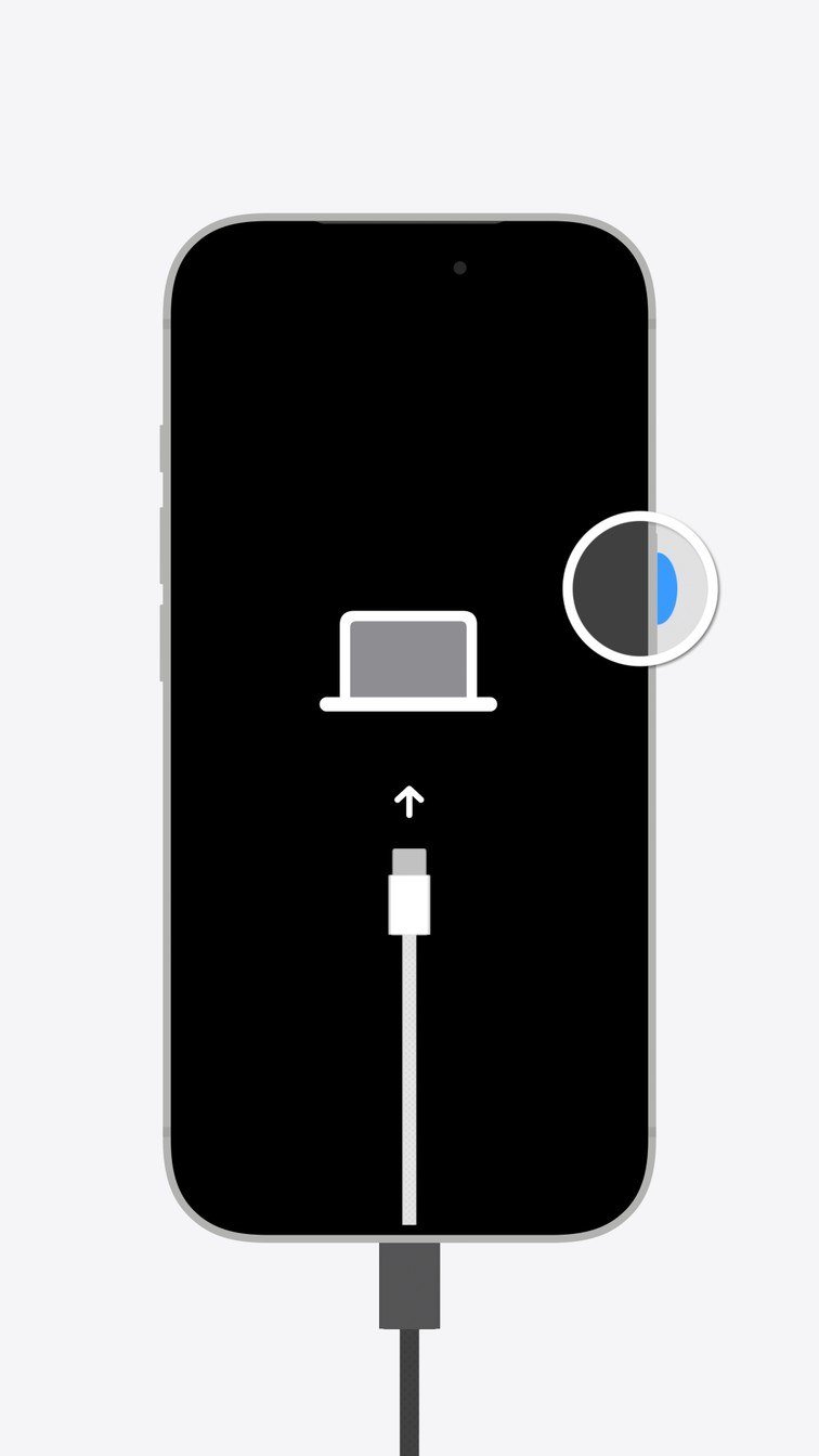 iPhone in recovery mode showing a computer icon and a cable on a black screen