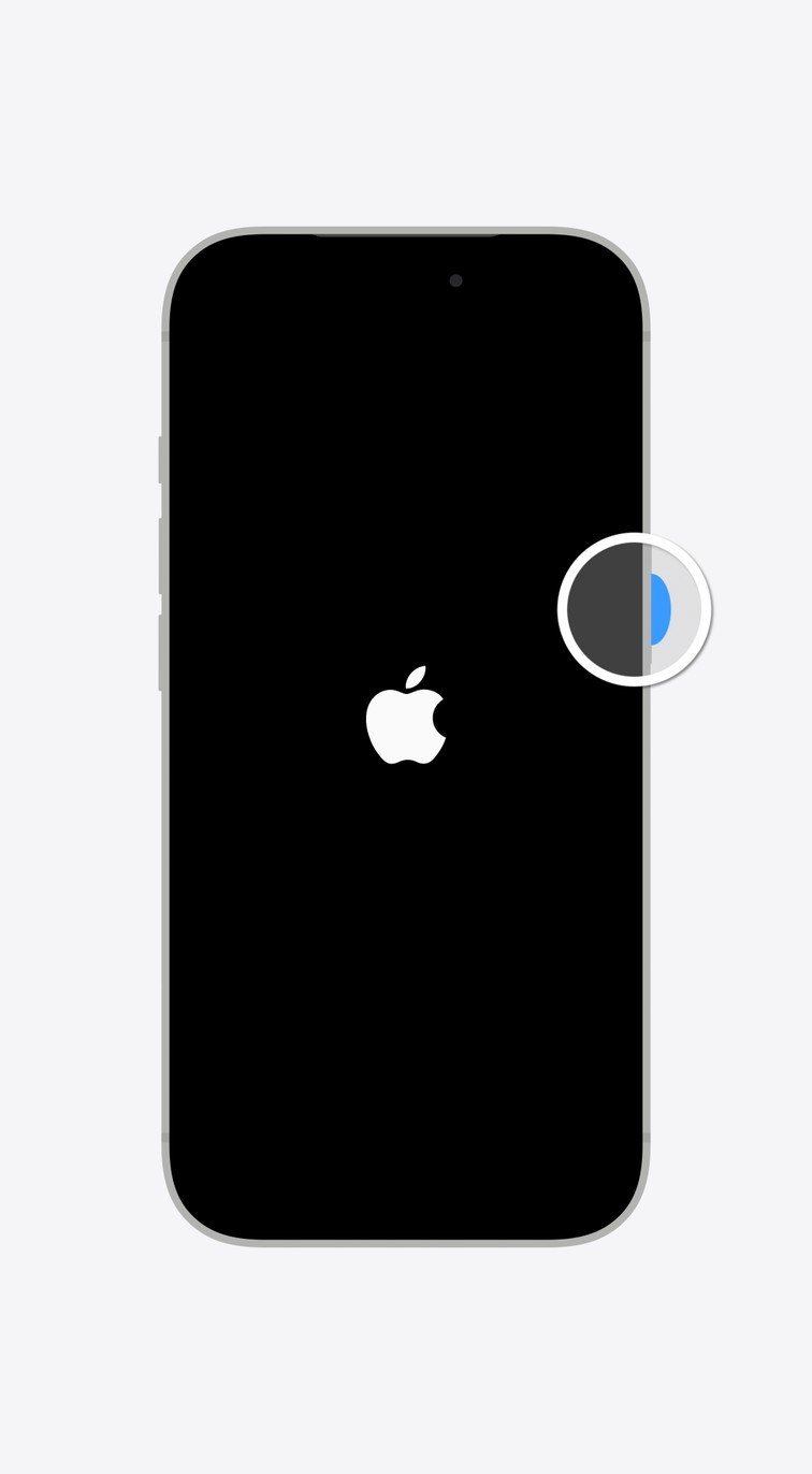 iPhone with Face ID showing the Apple logo on a black screen with a circle on the side button