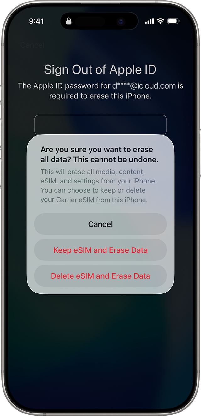 Sign Out of Apple ID screen with the erase confirmation listing the Keep eSIM and Delete eSIM choices