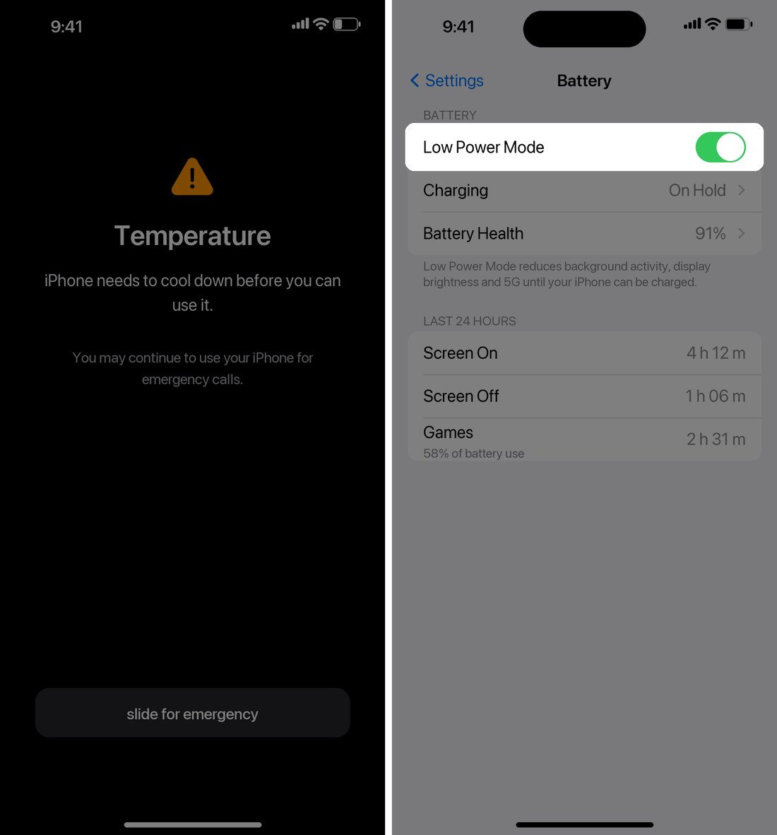 The iOS temperature warning screen beside Settings Battery with Low Power Mode switched on