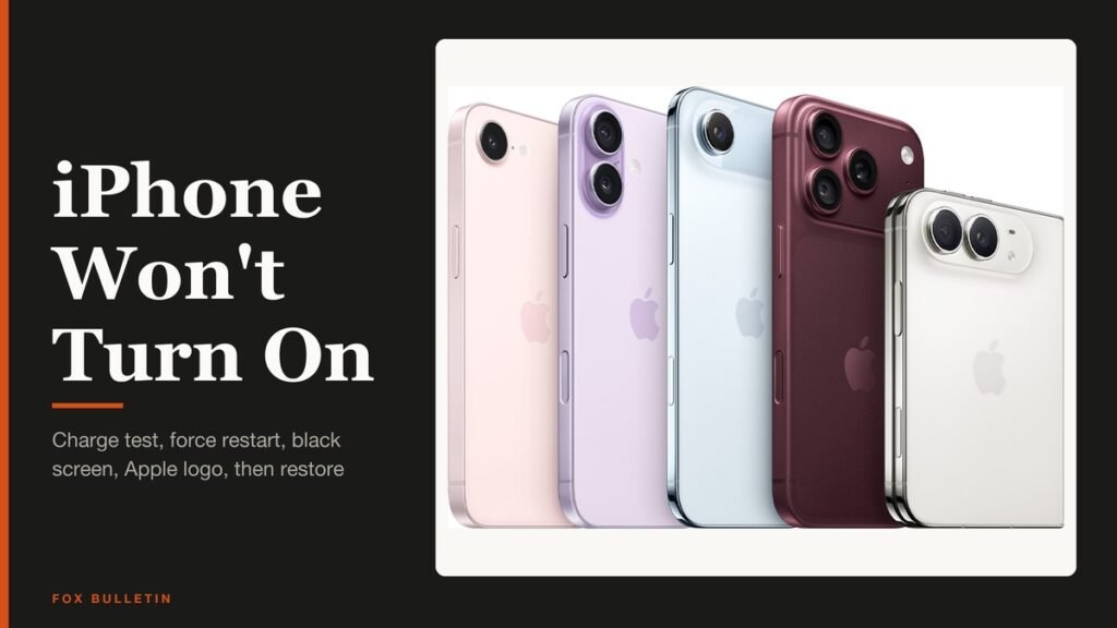 iPhone Won't Turn On headline beside a black iPhone showing a single Apple logo