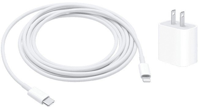 Apple USB-C to Lightning cable and USB-C power adapter shown side by side