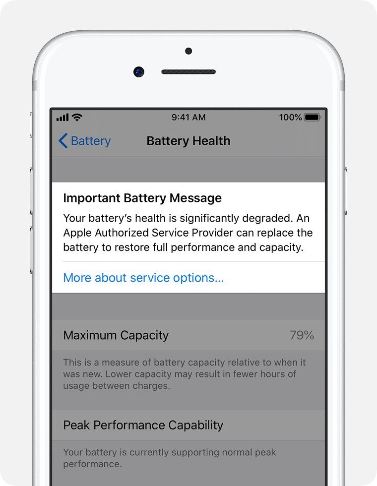 iPhone Battery Health screen with an Important Battery Message saying battery health is significantly degraded and 79 percent maximum capacity