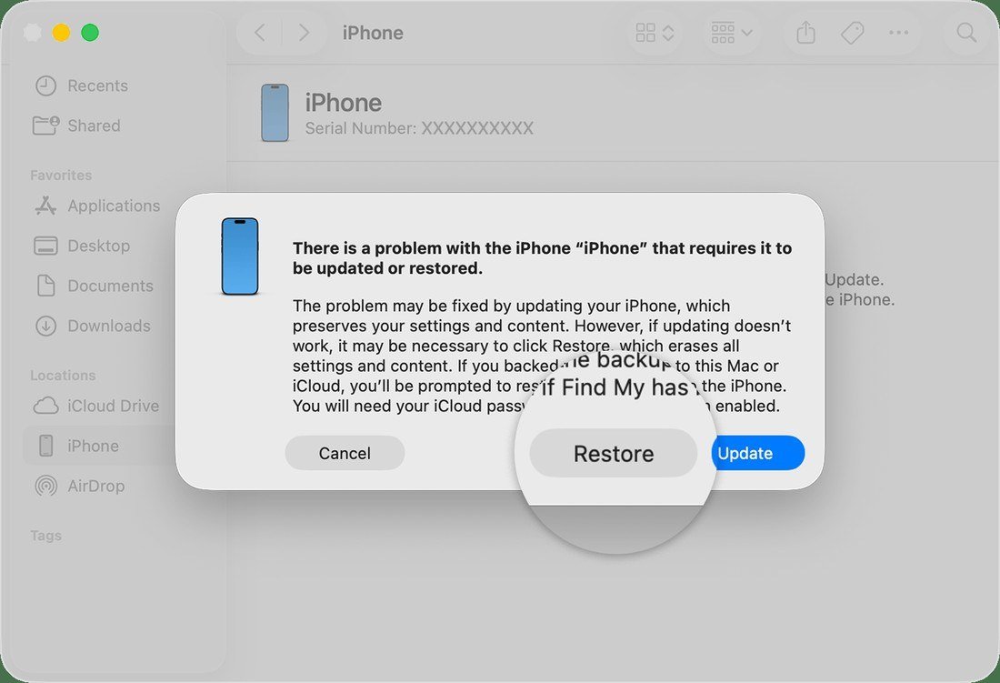 Finder window on a Mac reporting a problem with the iPhone that requires it to be updated or restored, with Cancel, Restore and Update buttons