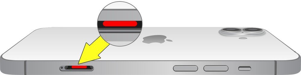 Edge of an iPhone 16 with an arrow pointing to the SIM tray, where a fully red liquid contact indicator shows inside the slot