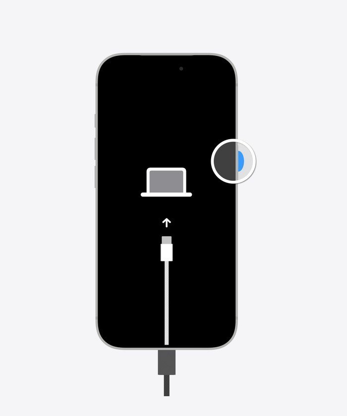 iPhone recovery mode screen showing a computer icon above a charging cable, with the side button highlighted