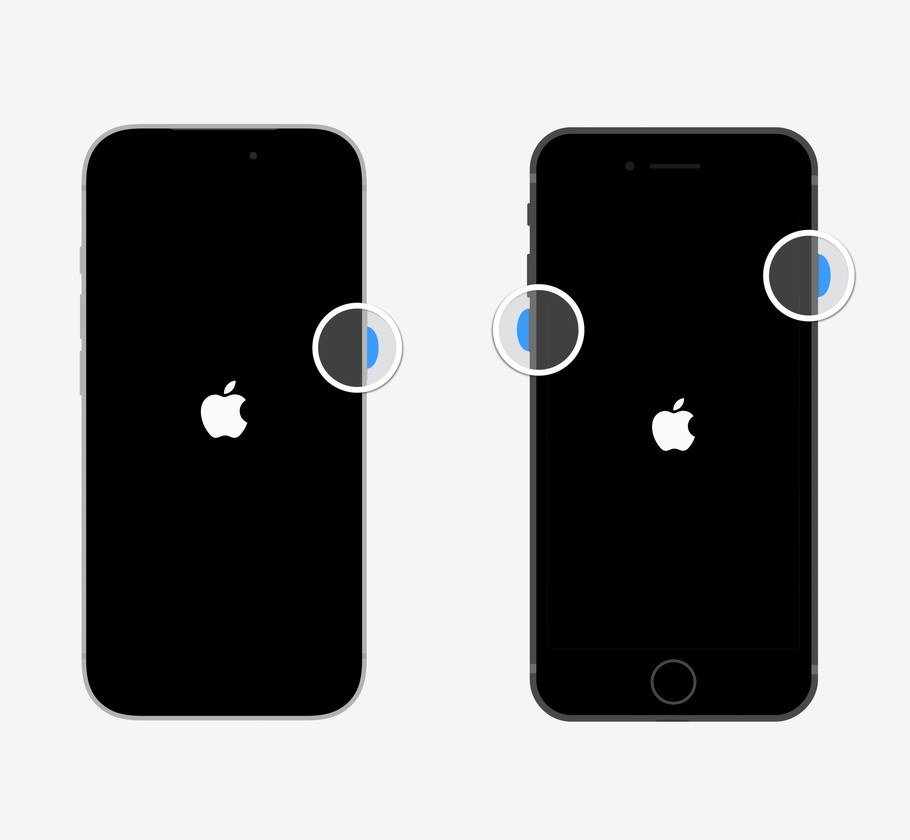 Two iPhones showing the Apple logo on a black screen, a Face ID model with a highlighted side button and a Home button model with highlighted side and volume buttons