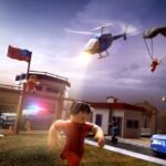 Jailbreak artwork of a prisoner escaping past police cars with a helicopter overhead