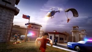 Jailbreak artwork of a prisoner escaping past police cars with a helicopter overhead