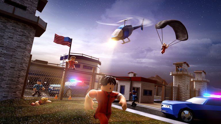 Jailbreak artwork of a prisoner escaping past police cars with a helicopter overhead