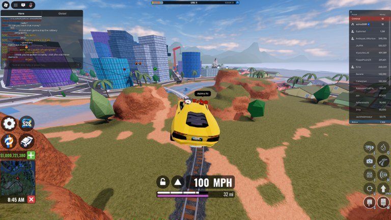 Jailbreak gameplay screenshot of a yellow sports car driving through the desert at speed