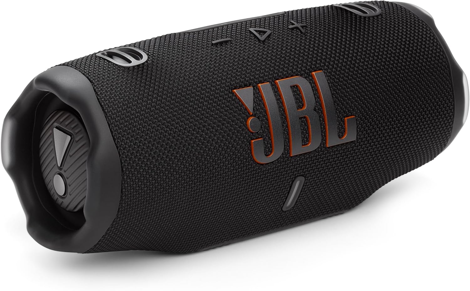 JBL Charge 6 portable waterproof bluetooth speaker in black, lying horizontally