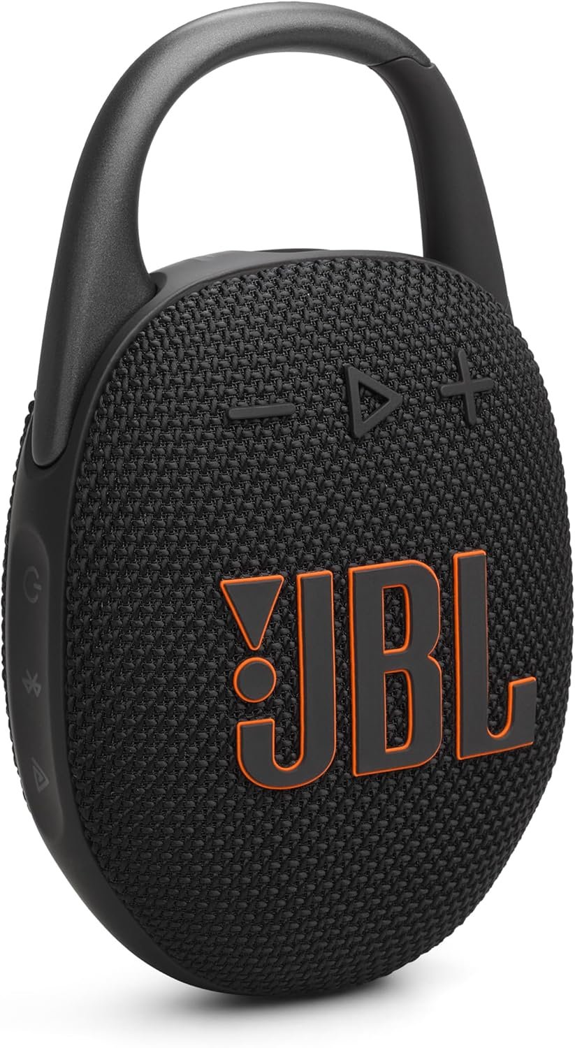 JBL Clip 5 ultra-portable bluetooth speaker with an integrated carabiner clip