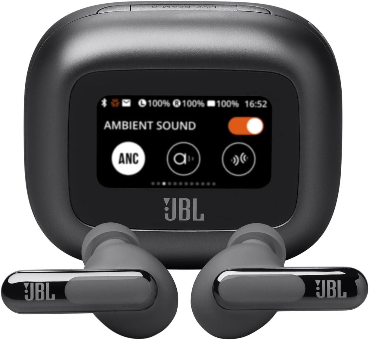 JBL Live Beam 3 stick-style earbuds with a 1.45-inch touchscreen smart charging case