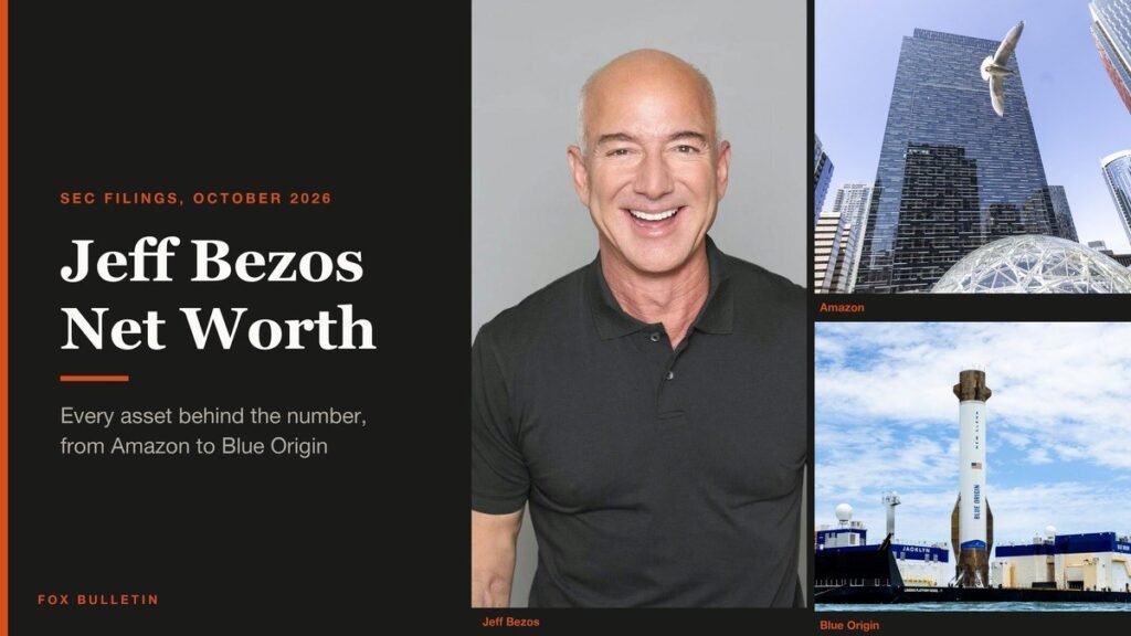 Jeff Bezos beside photographs of Amazon and Blue Origin, the assets behind his net worth