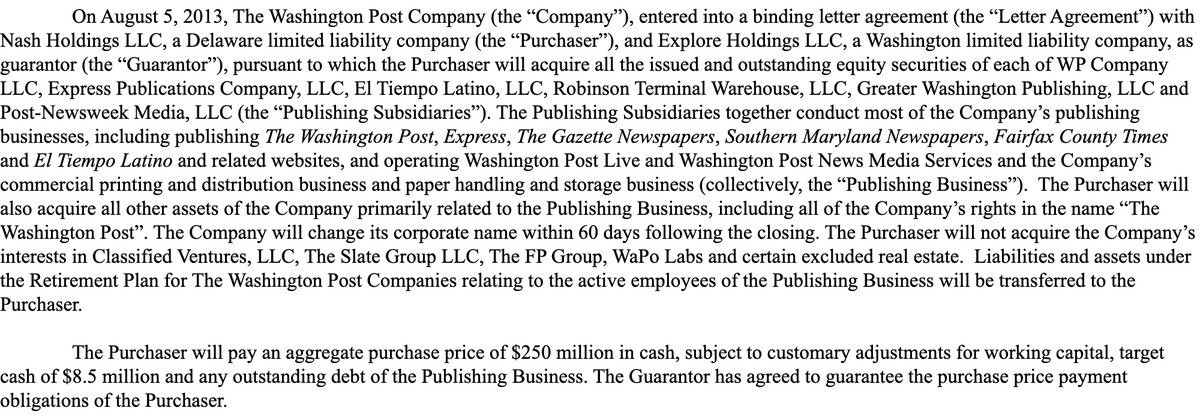 Text of the 2013 SEC filing in which The Washington Post Company agrees to sell its newspaper businesses to Nash Holdings LLC for $250 million