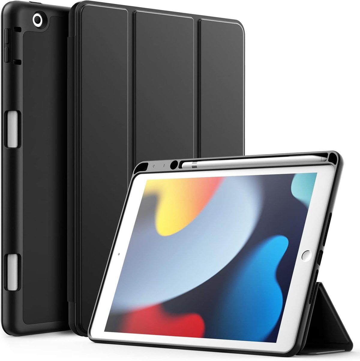 JETech trifold case for the 10.2-inch iPad in black with an Apple Pencil in the holder