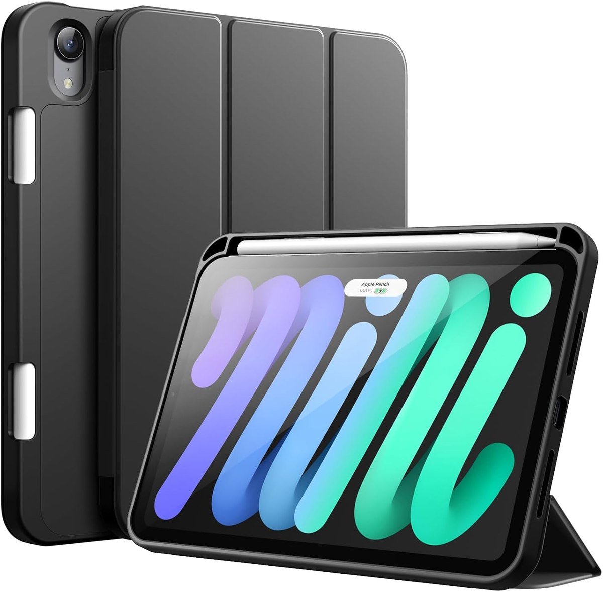 JETech trifold case for the iPad mini in black with an Apple Pencil in the side holder