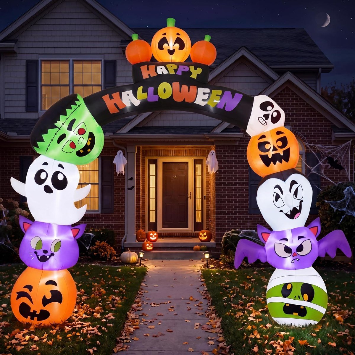 Joiedomi 8 ft Happy Halloween archway inflatable of stacked pumpkins and characters over a front path