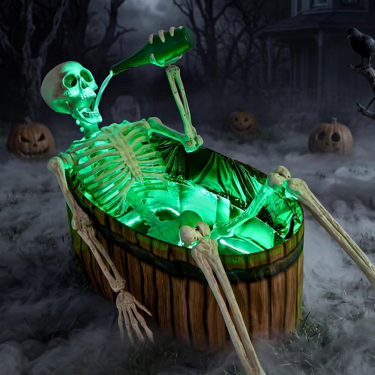 JOYIN drinking skeleton animatronic reclining in a barrel lit with green light