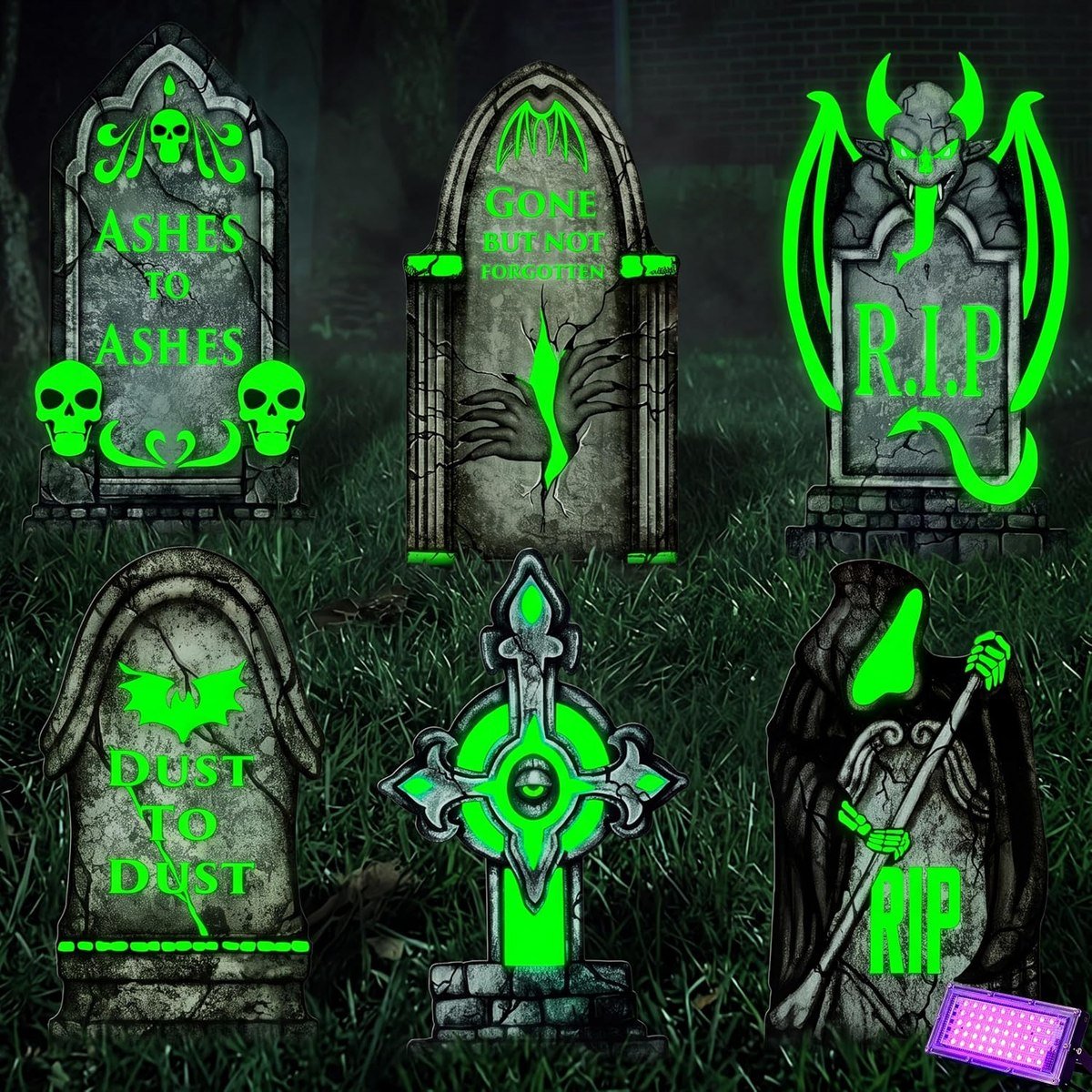 Six JOYIN glow-in-the-dark Halloween tombstones lit green with the included black light