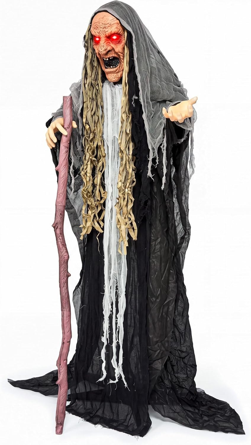 JOYIN 62-inch hunchback witch animatronic with glowing red eyes and a walking stick