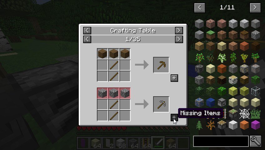 The Just Enough Items recipe viewer open over a crafting table