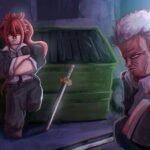 Two Kabuki characters facing off beside a skip in a neon lit back alley